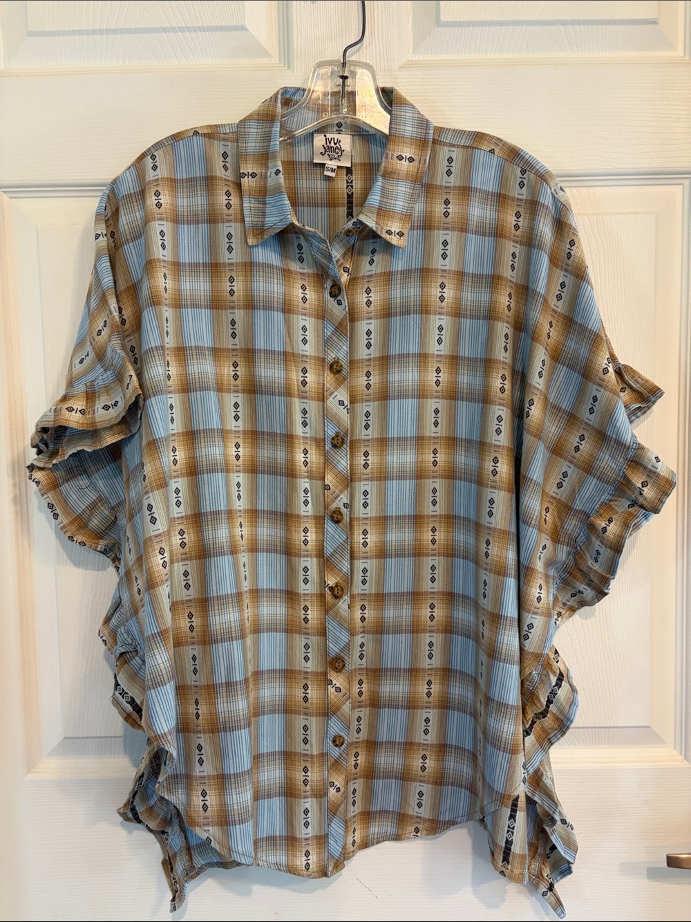 Ivy Jane Oversize Light Blue and Brown Plaid Ruffle Short-Sleeve Button-Up Shirt